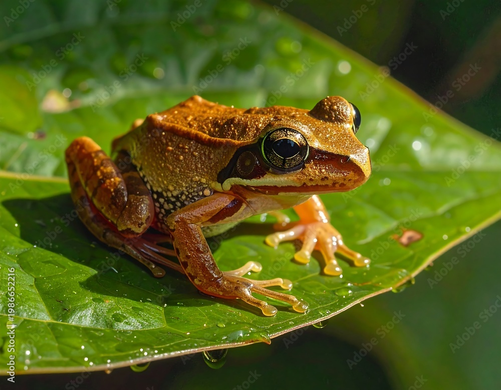 Obraz premium A small brown frog sitting on a wet green leaf