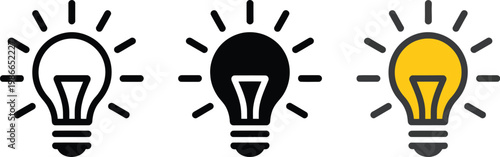 Light bulb icon, illustration, idea symbol with electric lamp shining representing creativity innovation electric power and inspiration concept design.