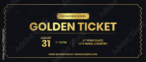 Luxury golden ticket template for event. Exclusive ticket design for business promotion.