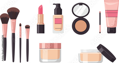 Makeup and Cosmetic Products Vector Set Featuring Diverse Beauty Items Makeup Brushes Lipstick Foundation and Face Powder Isolated on White Background for Fashion Designs
