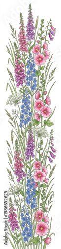 Watercolor Wildflower Vertical Border Clipart Vector Illustration