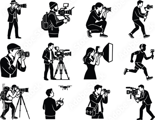 Collection of people working as photographers and cameramen  various poses and equipment