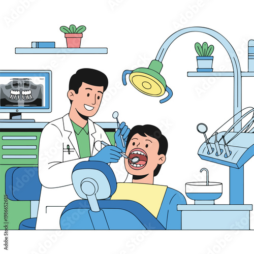 A cartoon dentist examining a patient's teeth