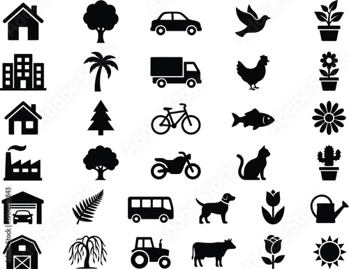 Set of black silhouette icons on white background