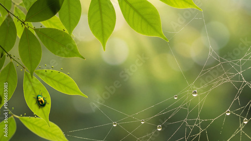 Fresh Green Leaves with Sunlight Bokeh Natural Background and Copy Space
