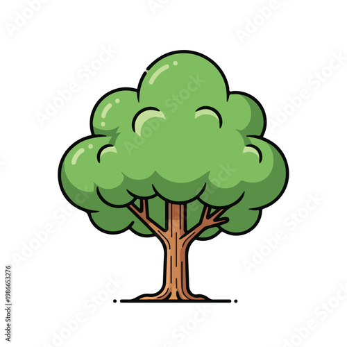 A cartoon drawing of a tree with green leaves and brown trunk