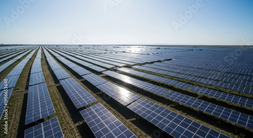 Solar Panels Array in Bright Sunlit Solar Farm