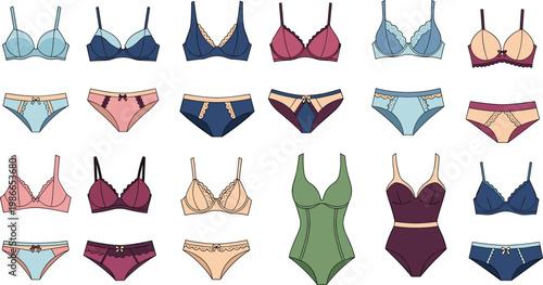 Set of Elegant Female Lingerie Icons Featuring Lace Bras Panties and Bodysuits for Women Fashion Apparel Underwear Retail and Intimate Clothing Design Projects