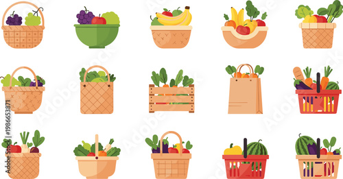 Set of Fresh Fruit and Vegetable Basket Icons Featuring Grocery Shopping Bags Wooden Crates and Harvest Containers for Healthy Organic Food Market Designs
