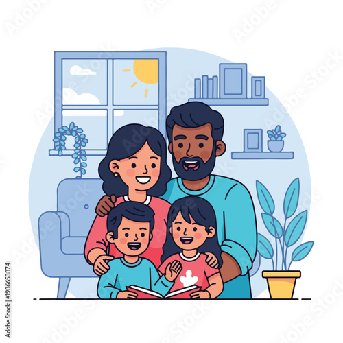 A cartoon family of four reading together indoors