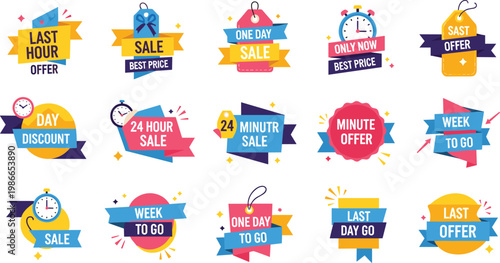 Set of Colorful Sale Labels and Countdown Badges for Limited Time Offers Flash Sales Promotions Shopping Discounts and E-commerce Marketing Banner Designs