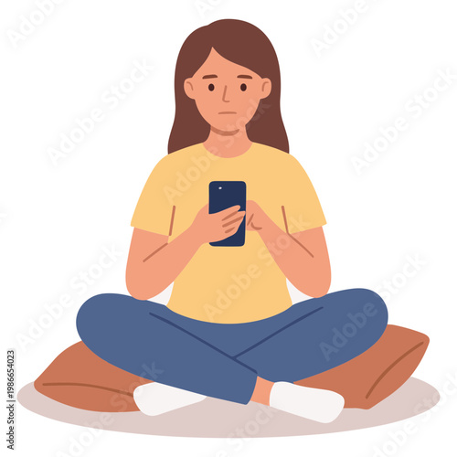 Woman sitting cross-legged on a cushion looking at her smartphone with a concerned expression indoors.