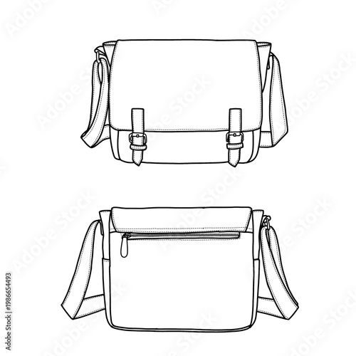 A clean, minimalist line drawing showcasing a messenger bag. The top view displays the flap with buckle closures, while the bottom view reveals the main compartment with a zippered pocket.