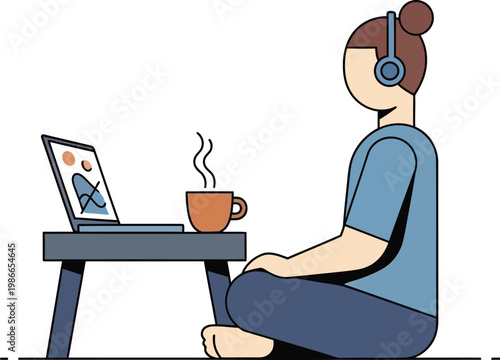 Person Working Remotely With Laptop and Coffee, Listening to Music