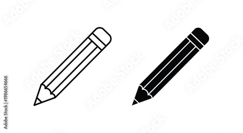 Two vector graphic pencil illustrations, one outline and one solid, depicting tools for writing, drawing, and creative design.