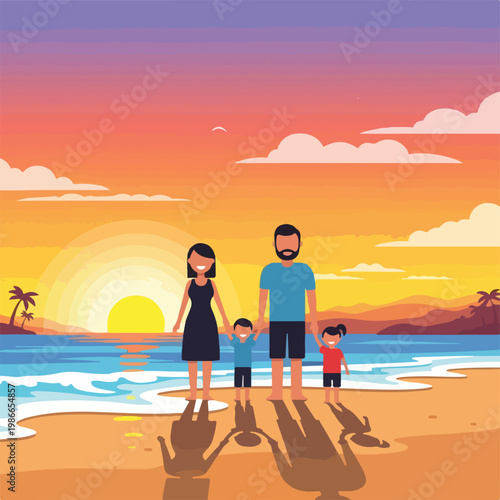 A cartoon family on a beach at sunset