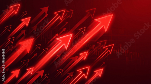 Business growth arrows rising upward in red neon style for stock market financial data presentation background.