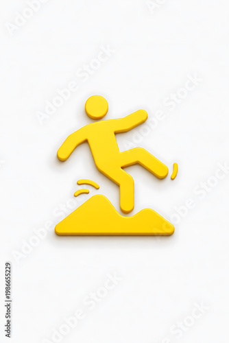 Yellow figure falling while walking on uneven terrain, symbol of risk, accident, and danger warning