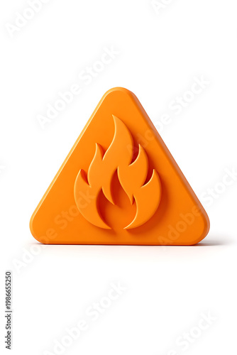 Orange warning triangle with a stylized flame symbol indicating a fire hazard, isolated on a white background, representing danger and safety precautions