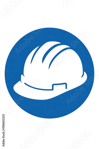 Mandatory head protection sign. White hard hat in blue circle. Safety icon for required personal protective equipment (PPE) in construction and industrial workplaces