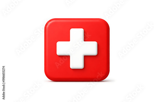 Isolated Red Square Button with White Swiss Cross Symbol on a White Background, Representing Medical Care and Aid