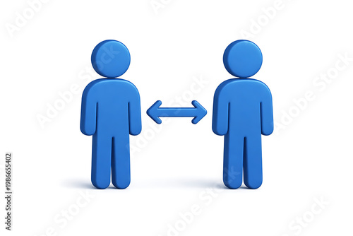 Social distancing concept illustration of two blue figures standing apart with an arrow in between them representing separation