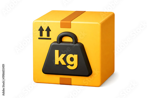 3D illustration of a yellow box with a black kilogram symbol on its front, representing weight and shipping