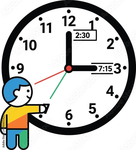 Child learning to tell time on analog clock with digital display