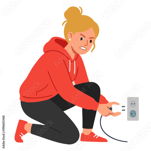 Woman crouches down to inspect a plug and socket with concern