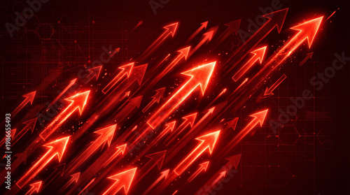 Business growth arrows rising upward in red neon digital style for stock market financial data presentation background.