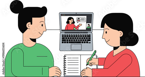 Online Collaboration: Two people learning and working together remotely via video call
