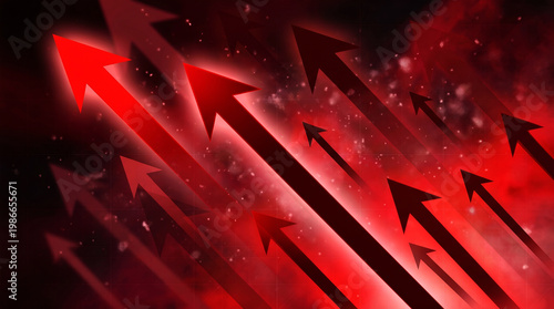 Business growth arrows rising upward in red neon style for financial stock market data presentation background.