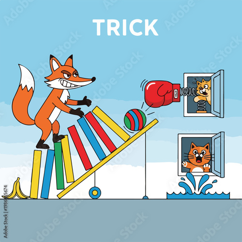 A cartoon fox triggers a colorful contraption
