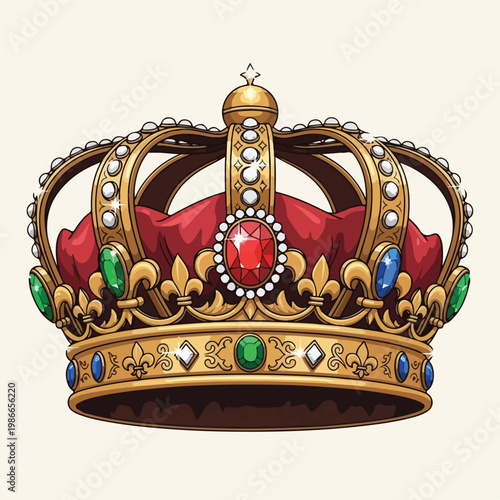 Ornate gold crown with jewels and red velvet