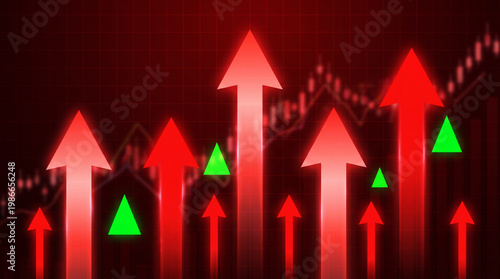 Stock market growth arrows rising upward with green and red neon symbols on financial candlestick chart background.