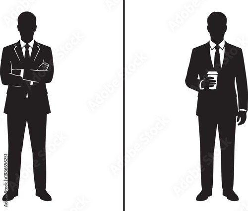 Professional businessman silhouettes wearing formal suits standing with crossed arms and holding coffee cup for corporate leadership and morning office break concepts.