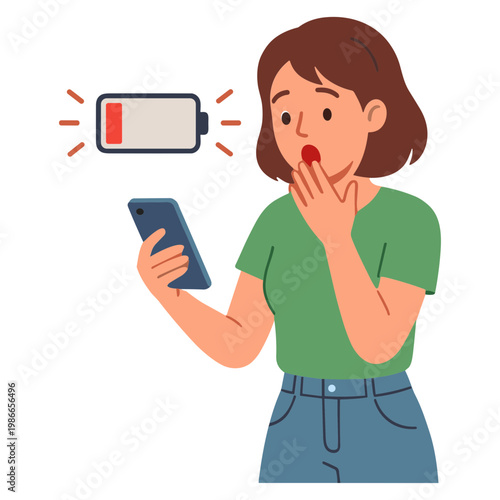 Woman shocked by low battery on her phone indoors