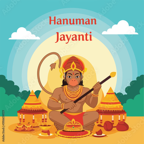 A cartoon Hanuman sits cross-legged with a club