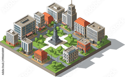 Foto 3D City Park Landscape with Modern Buildings, Monument Statue, and Green Urban S