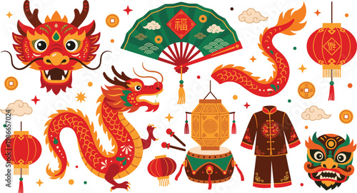 Chinese New Year collection, dragon lantern festive elements, oriental celebration isolated vector illustration design set bundle