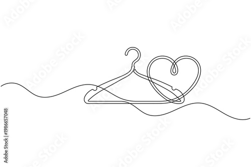 Clothes Hanger with Heart Continuous One Line Drawing Minimalist Fashion Love Icon Outline Vector Illustration
