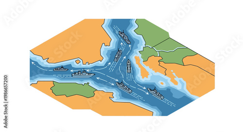 An illustration displays a US military escalation design in the Strait of Hormuz, showing a blockade with ships and arrows indicating movement against a white background, conveying a sense