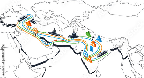 An illustration depicts a United States military escalation map showing the Strait of Hormuz and surrounding Arab countries, using vector design elements against a clean white background