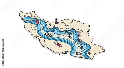 Illustrated vector map depicting US military escalation in the Strait of Hormuz, showcasing potential blockade actions with character icons on a simplified Arab countries design, set