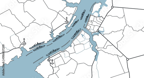 Illustrated vector map depicting US military escalation with ship icons in the Strait of Hormuz and surrounding Arab countries, designed in a clean, minimalist style against a white