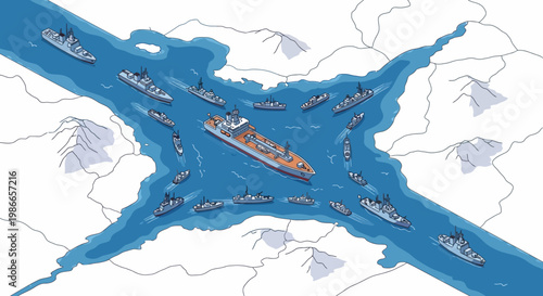 An illustration depicts US military escalation in the Strait of Hormuz, showing a blockade of ships forming a military design against a map of Arab countries with a simple, graphic style