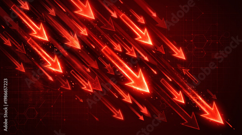 Stock market crash arrows pointing downward in red neon style for economic crisis business presentation background.