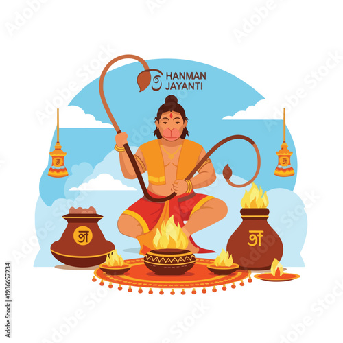 A cartoon Hanuman sitting on fire pit