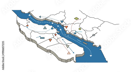 Illustrated vector map depicting US military escalation in the Strait of Hormuz and surrounding Arab countries, featuring design icons and directional arrows indicating potential blockade