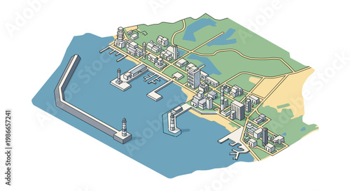 Illustrated vector design depicting a stylized map of a Strait of Hormuz coastal region, showing potential for US military escalation with icons representing blockade points and strategic